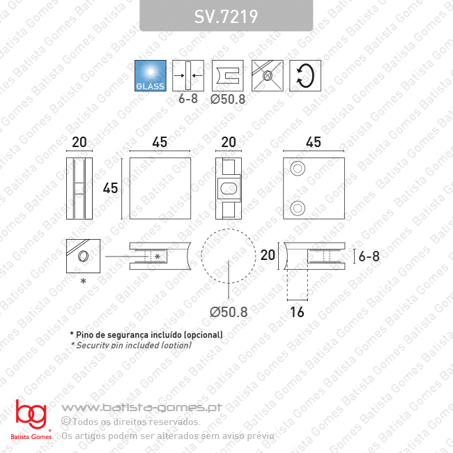 Suporte para paineis vidro / 6-8mm - para tubo �50.8mm